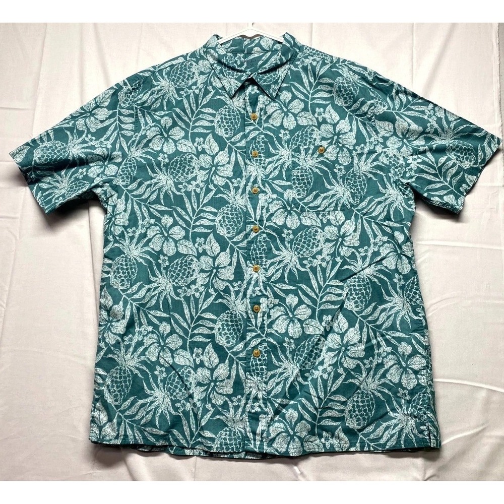 Croft & Barrow Shirt Mens XL Teal Green Pineapple Print Short Sleeve Button Up